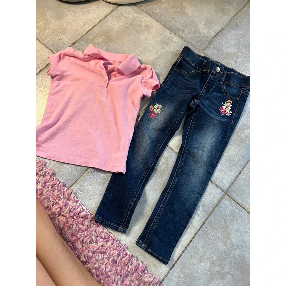 Wonder Nation Jeggings & Childrens Place Pink Polo Shirt Set Girls XS 4-5 Floral